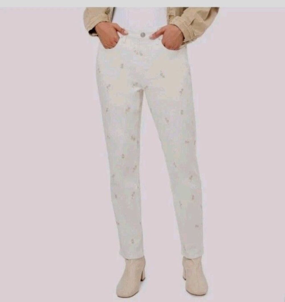 Seven7 Womens Size 10 Cream Embroidered 90s Floral Straight Jeans High Rise